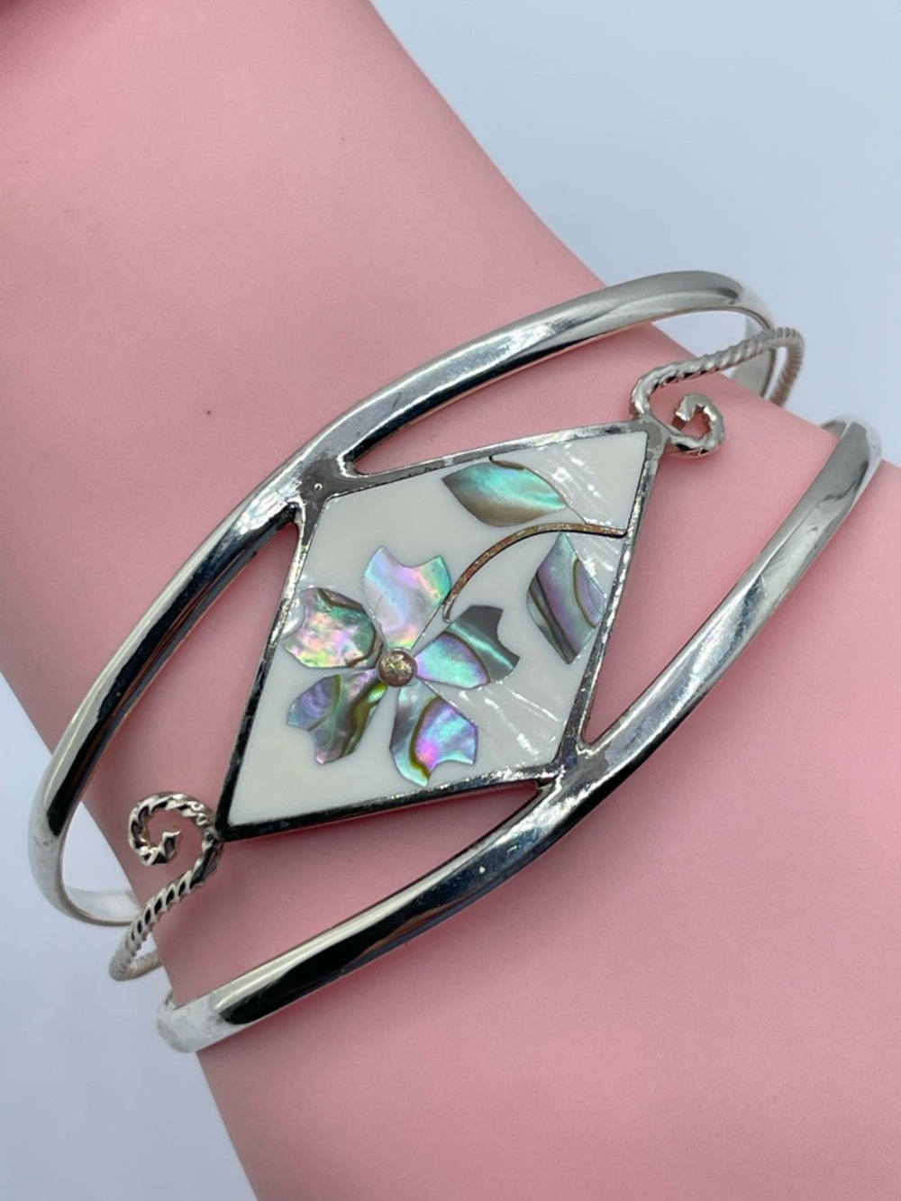 Vintage Mexico Abalone Enamel Inlay Cuff Silver Floral Bracelet Southwestern